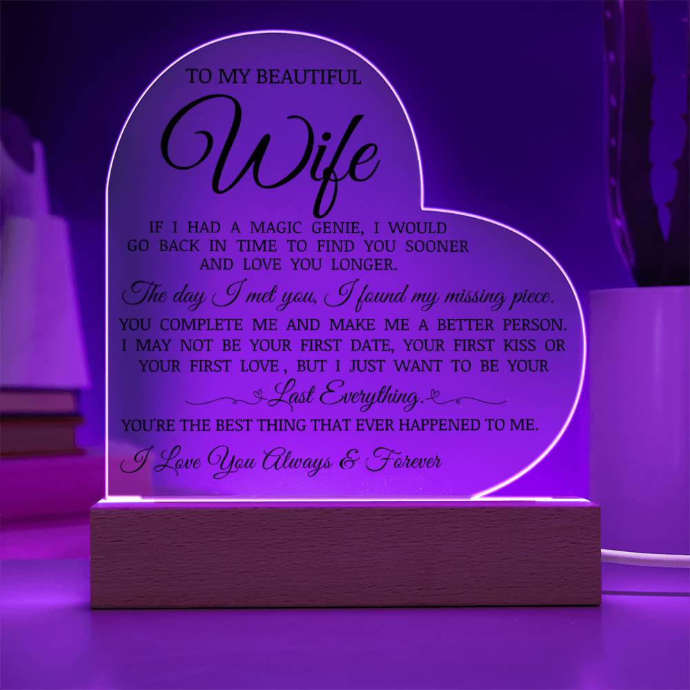 To My Beautiful Wife "You Are My Missing Piece" Acrylic Heart Plaque
