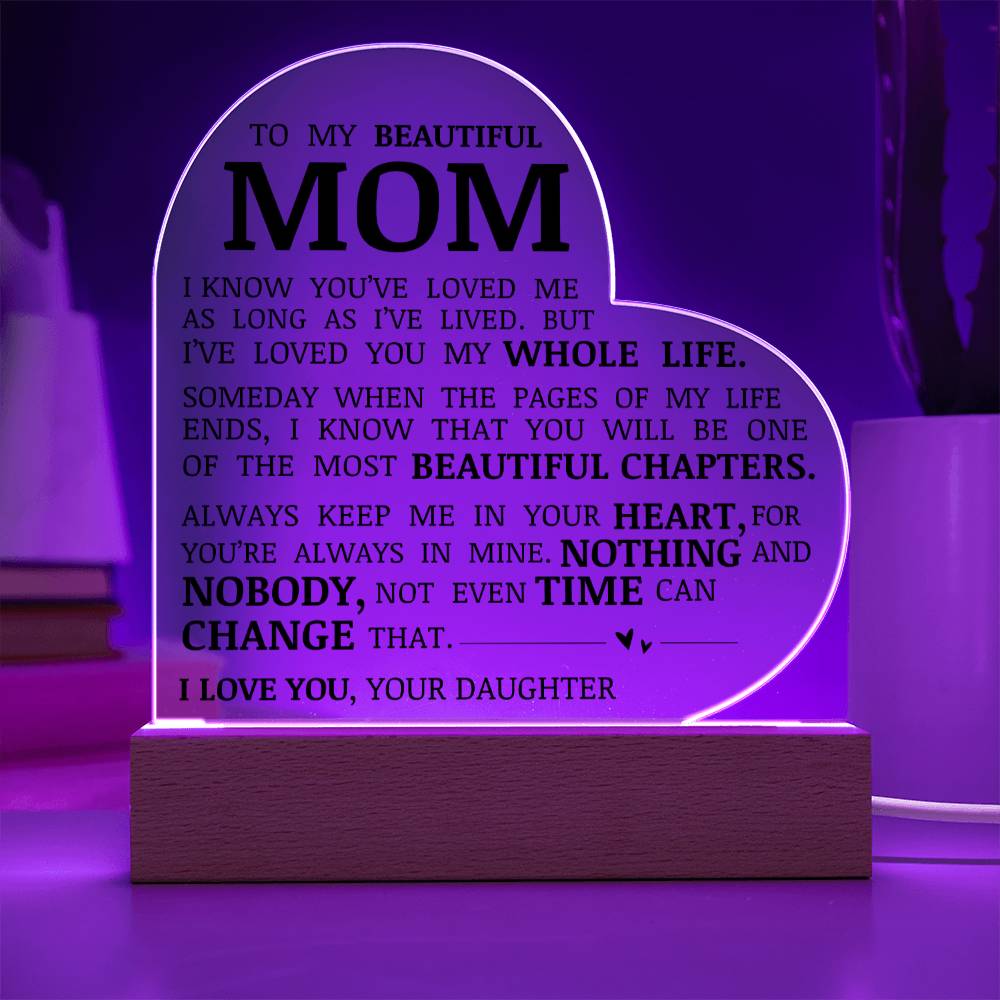 To My Beautiful Mom "I've Loved You My Whole Life" Acrylic Heart Plaque