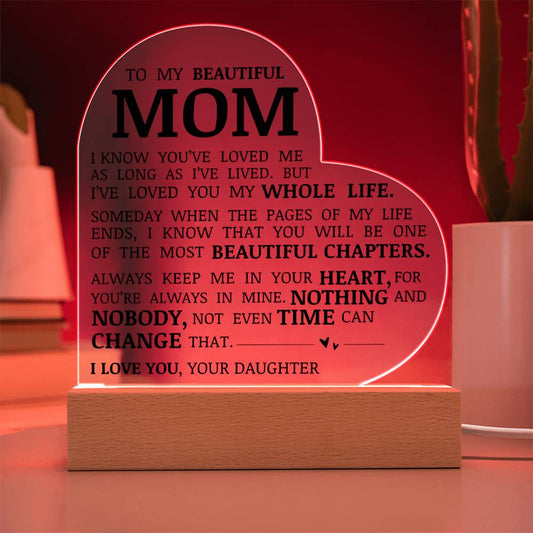 To My Beautiful Mom "I've Loved You My Whole Life" Acrylic Heart Plaque