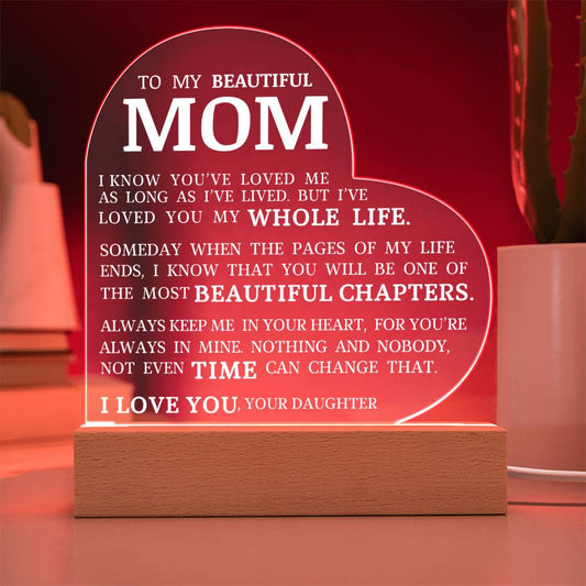 To My Beautiful Mom "I've Loved You My Whole Life" Acrylic Heart Plaque