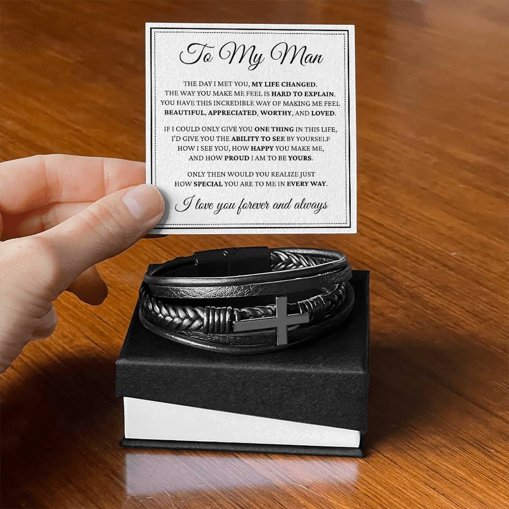 Men's Cross Bracelet - To My Man "The Day I Met You, My Life Changed"