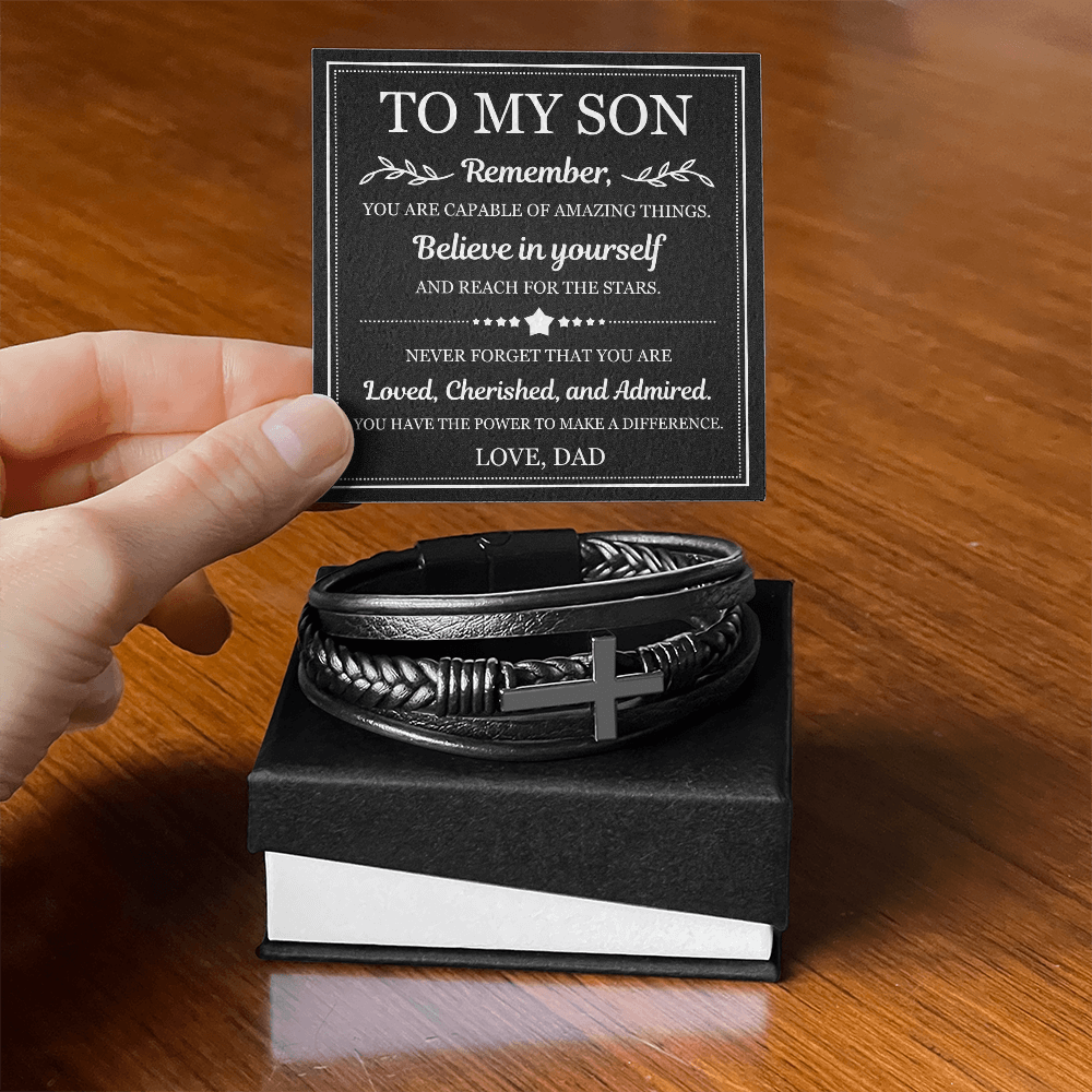 To My Son Men's Cross Bracelet - "Believe in Yourself"