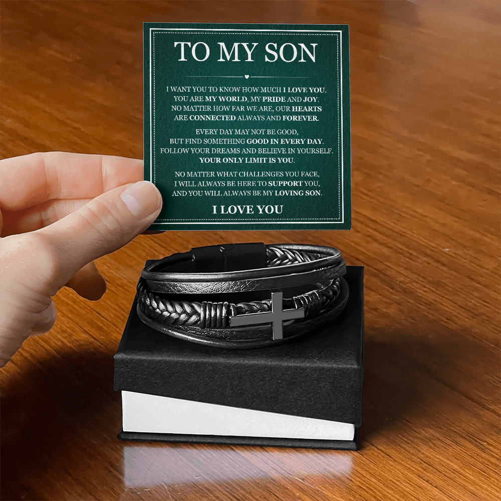 To My Son Men's Cross Bracelet - "You Are My World"