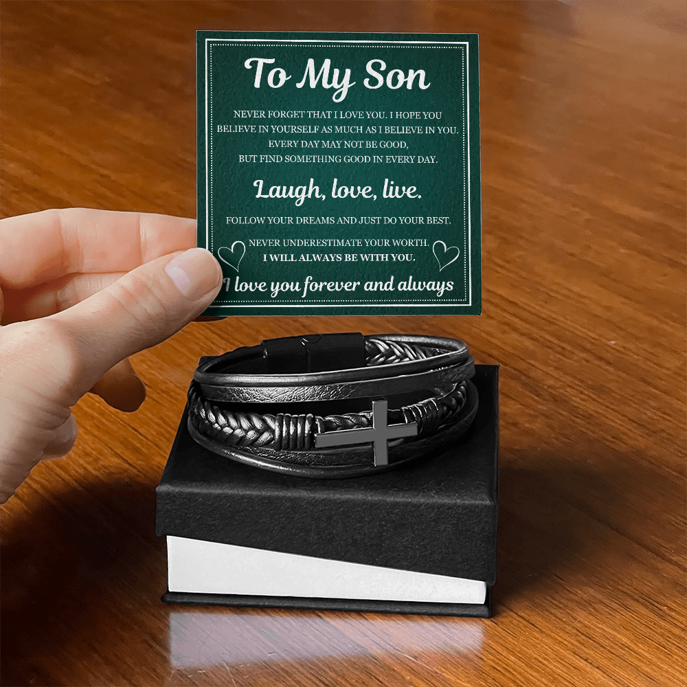 Men's Cross Bracelet - To My Son "Laugh, Love and Live"