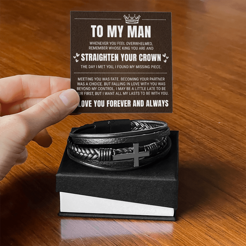 Men's Cross Bracelet - To My Man "Straighten Your Crown"