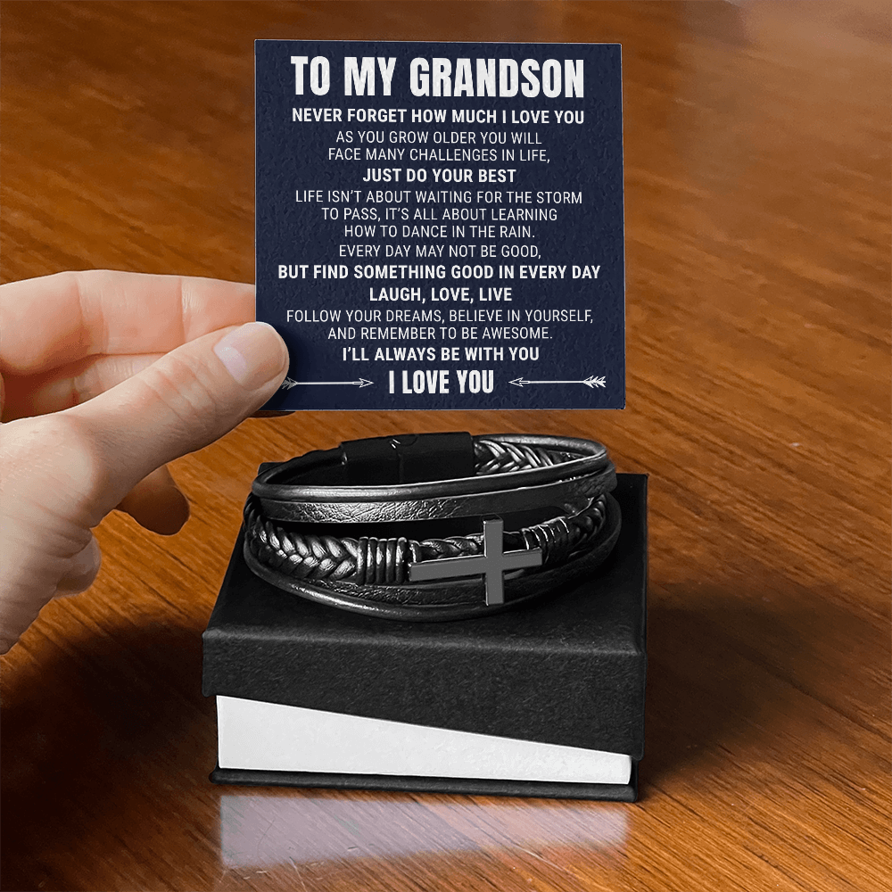 Men's Cross Bracelet - To My Grandson "Never Forget How Much I Love You"