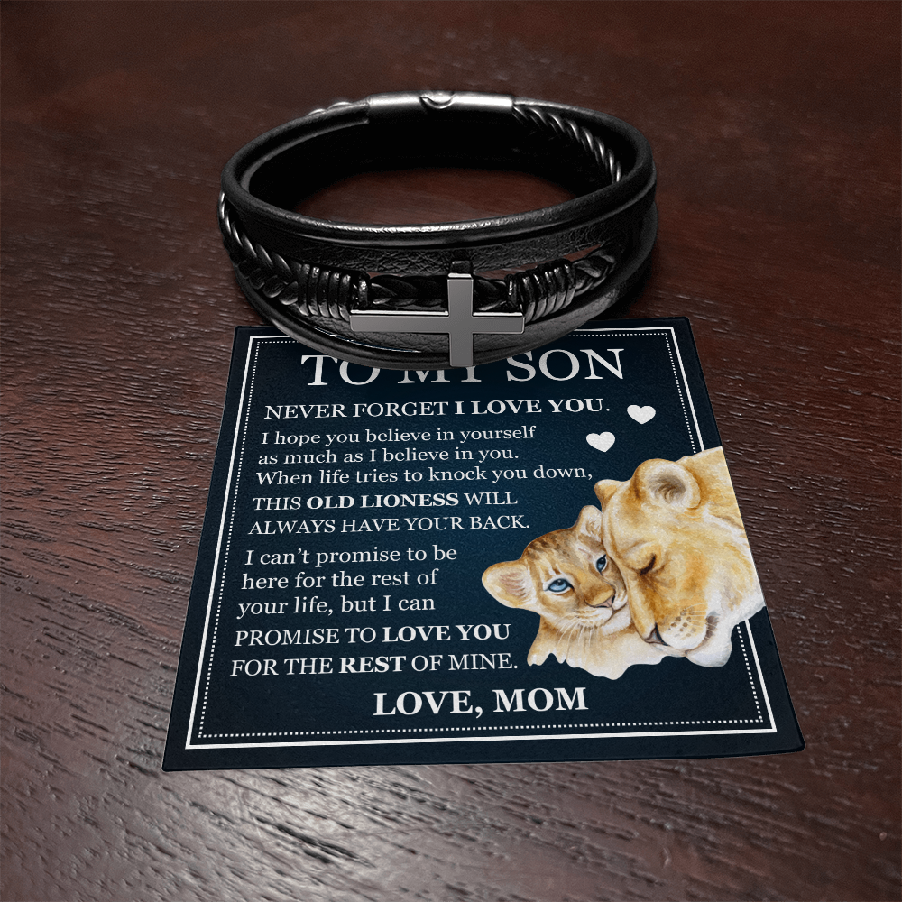 To My Son Men's Cross Bracelet - "Never Forget I Love You"