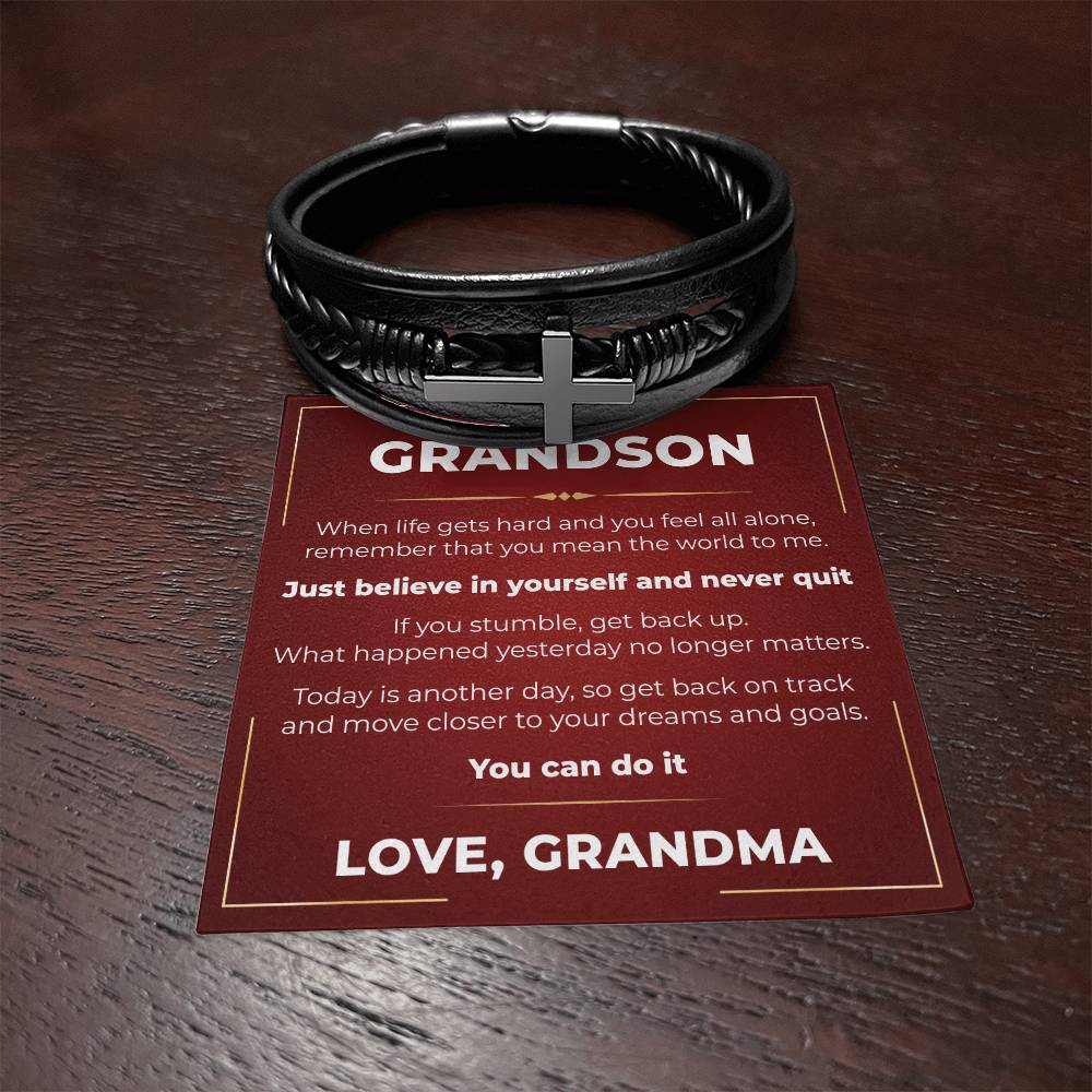 Men's Cross Bracelet - To My Grandson "Just Believe In Yourself and Never Quit"