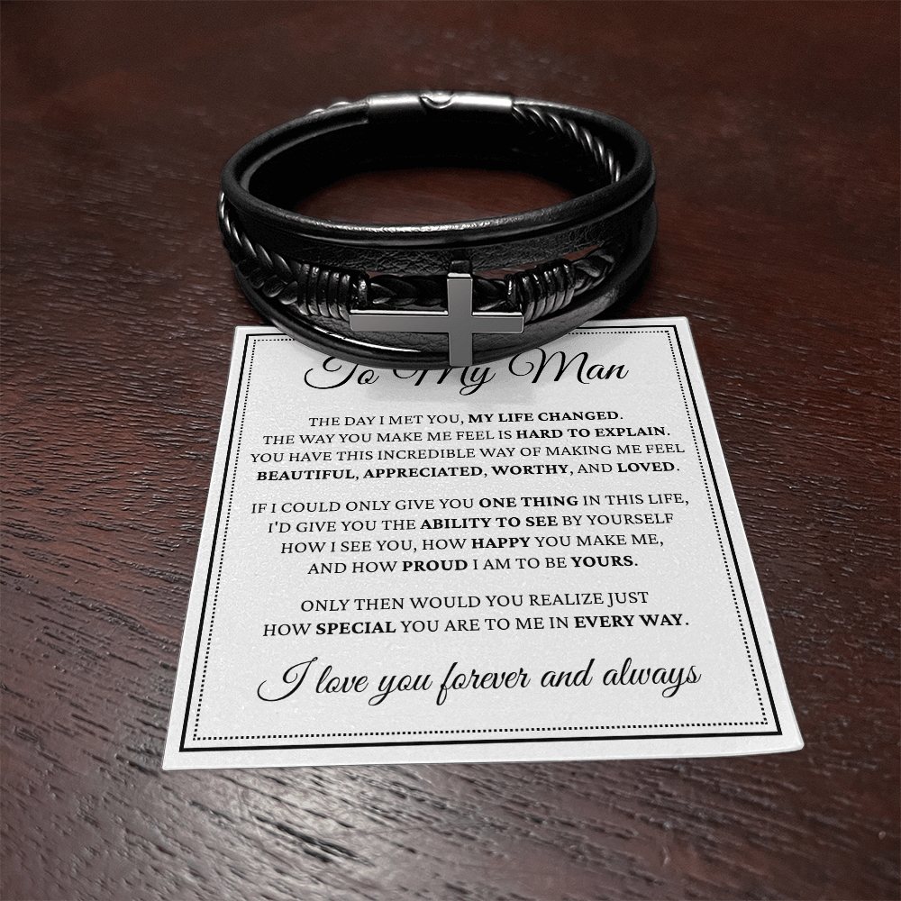 Men's Cross Bracelet - To My Man "The Day I Met You, My Life Changed"