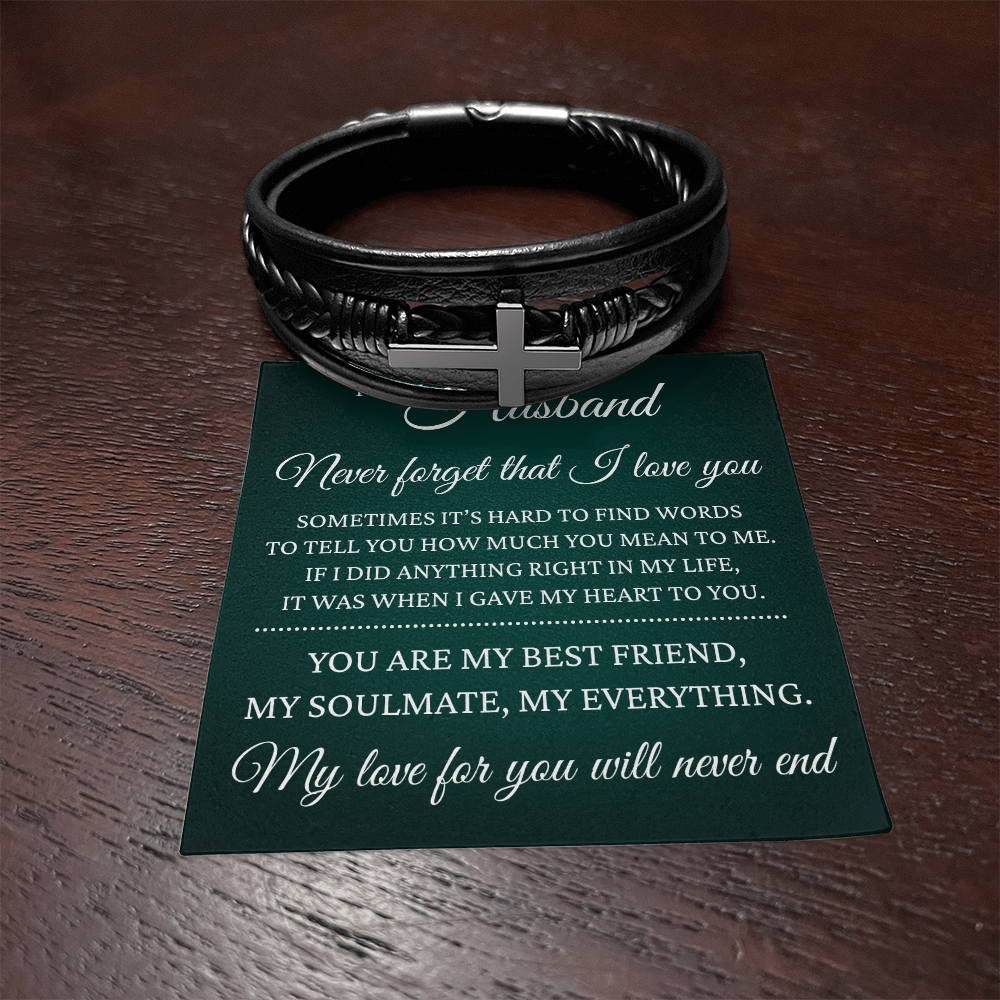 Men's Cross Bracelet - To My Husband "Never Forget That I Love You"