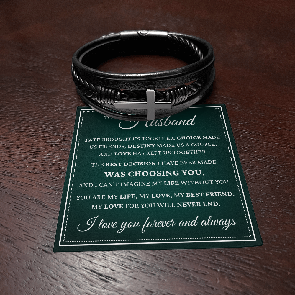 Men's Cross Bracelet - To My Husband "My Love For You Will Never End"