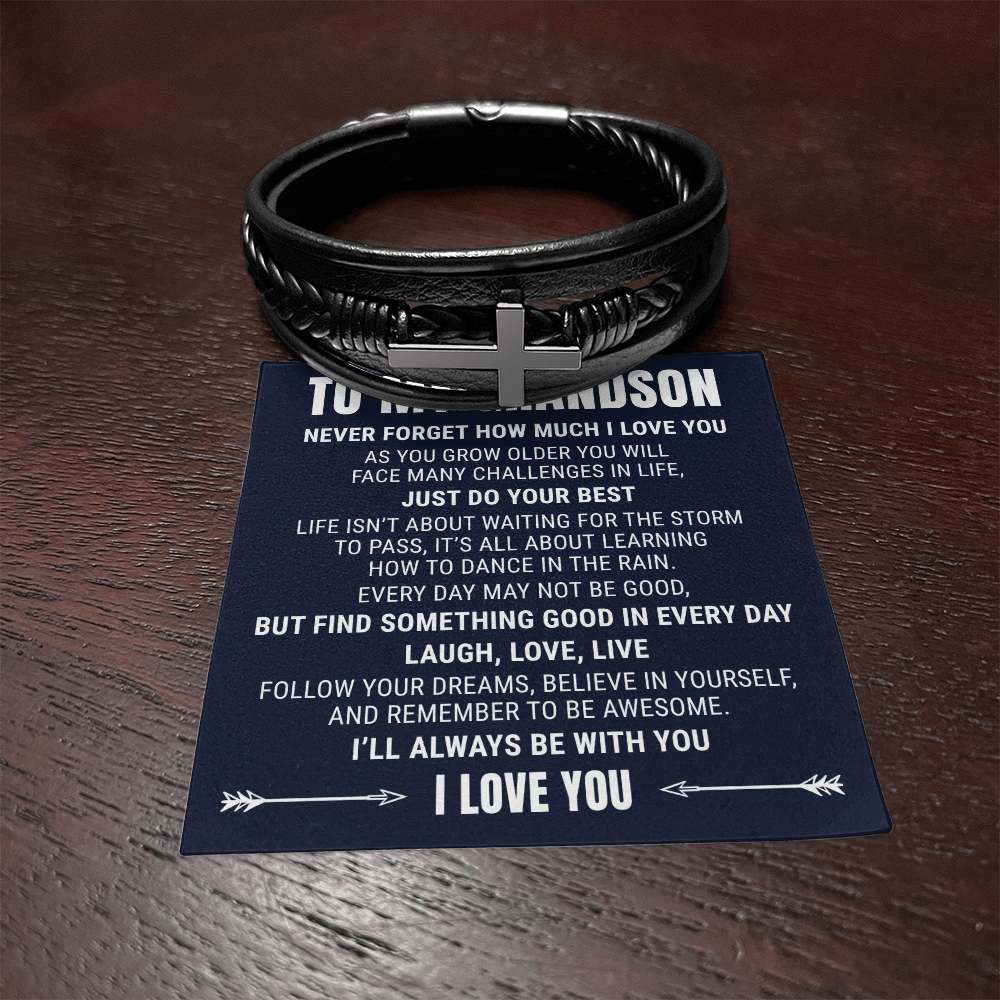 Men's Cross Bracelet - To My Grandson "Never Forget How Much I Love You"