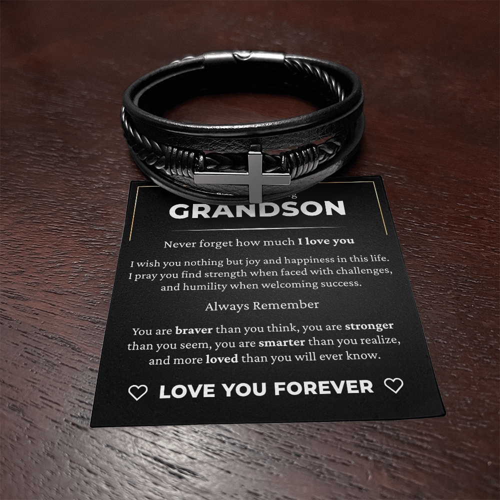 Men's Cross Bracelet - To My Grandson "Never Forget How Much I Love You"