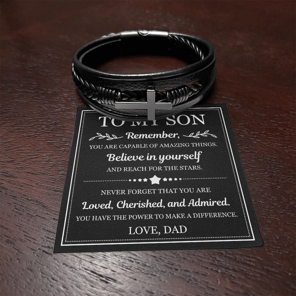 To My Son Men's Cross Bracelet - "Believe in Yourself"