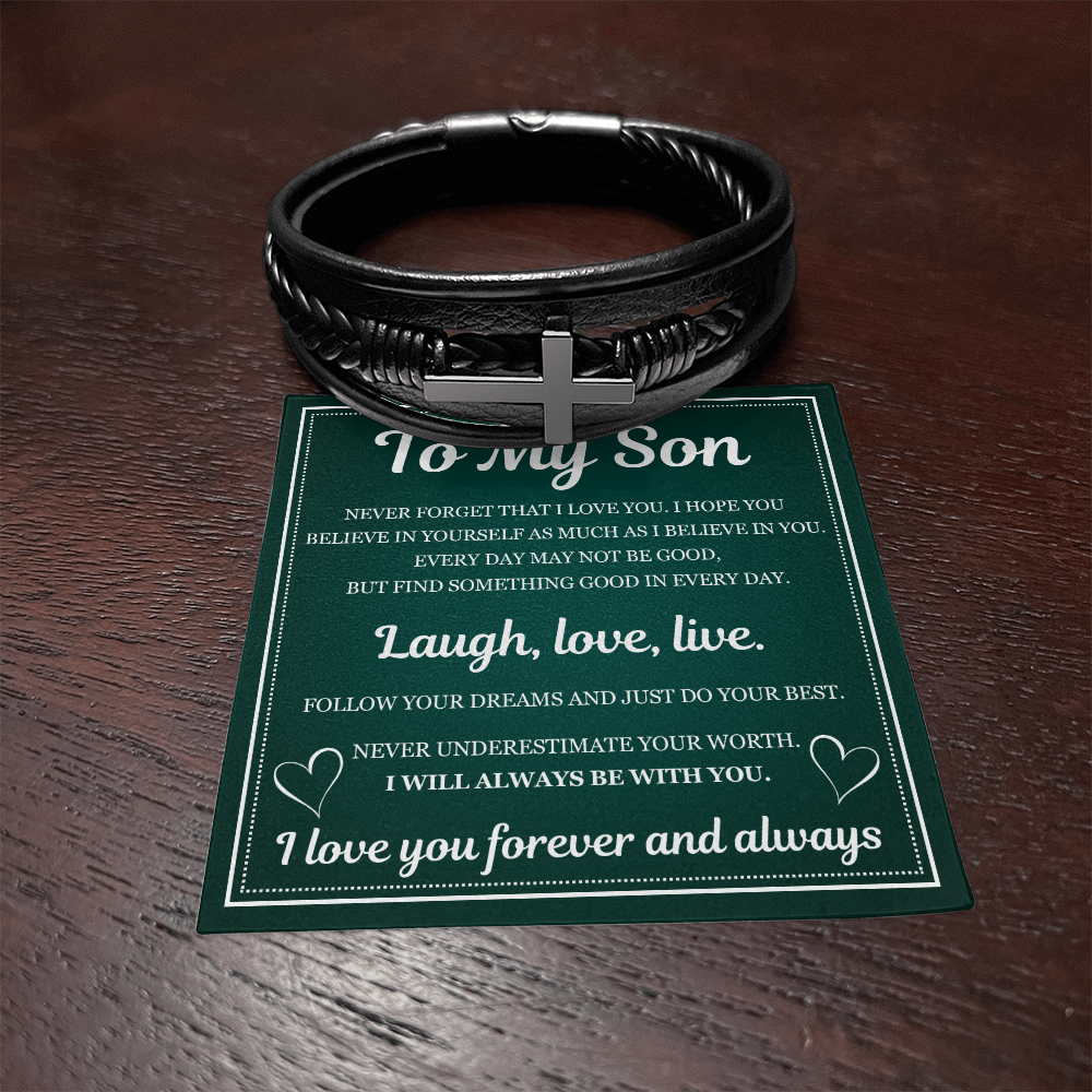 Men's Cross Bracelet - To My Son "Laugh, Love and Live"