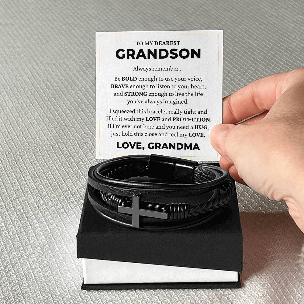 Men's Cross Bracelet - To My Dearest Grandson "Feel My Love"