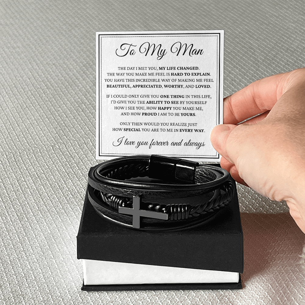 Men's Cross Bracelet - To My Man "The Day I Met You, My Life Changed"