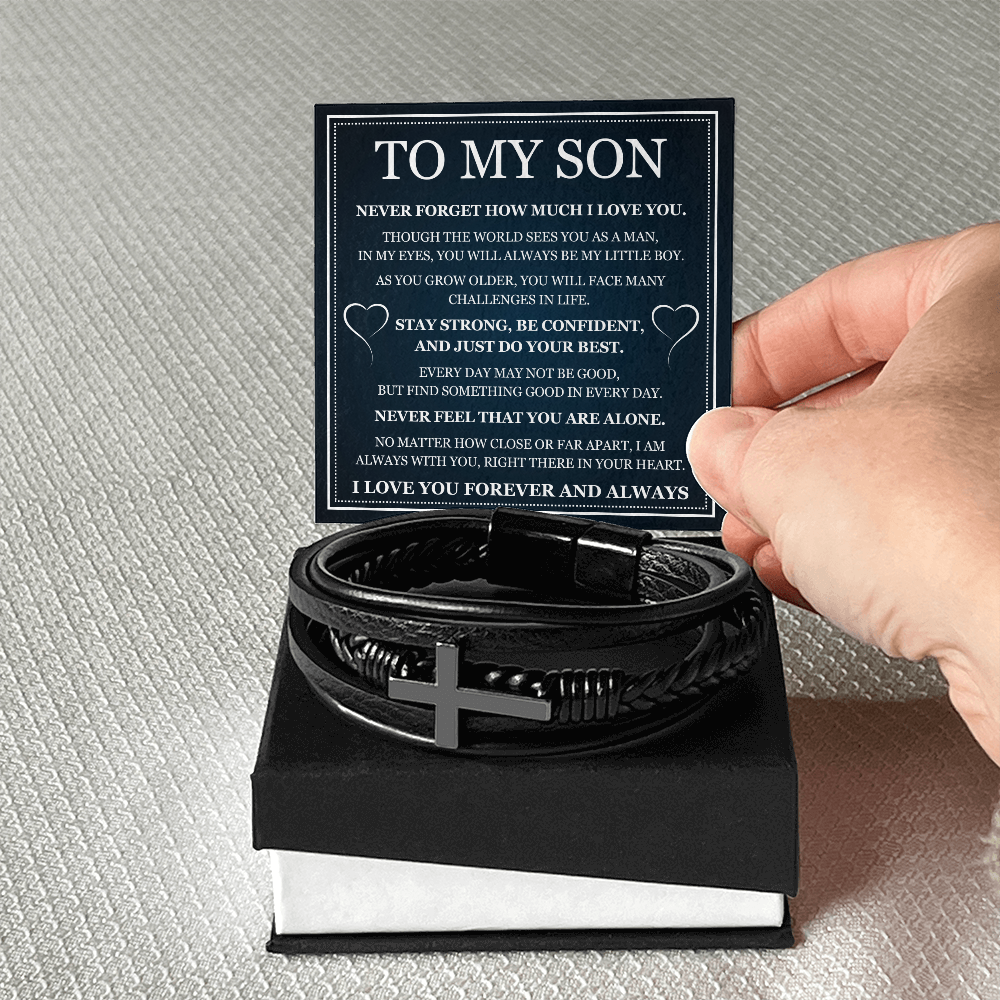 To My Son Men's Cross Bracelet - "Stay Strong, Be Confident"