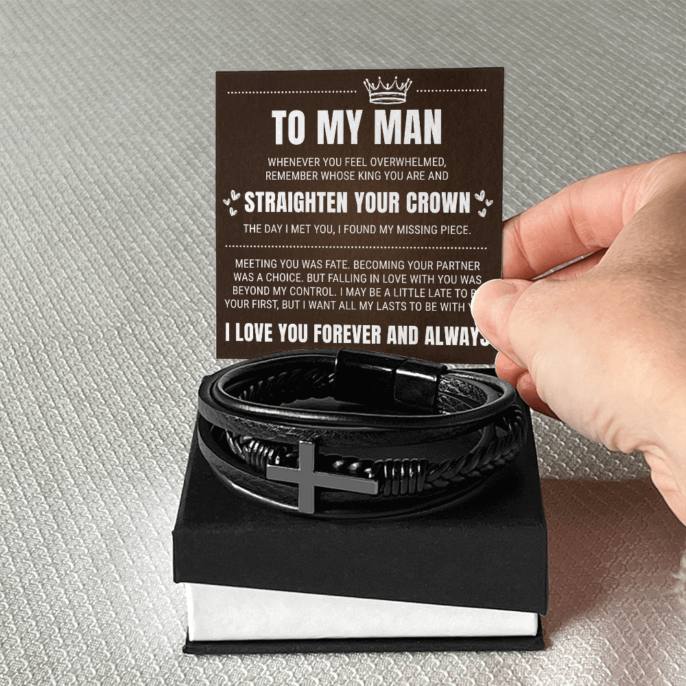 Men's Cross Bracelet - To My Man "Straighten Your Crown"
