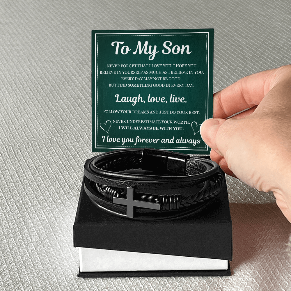 Men's Cross Bracelet - To My Son "Laugh, Love and Live"