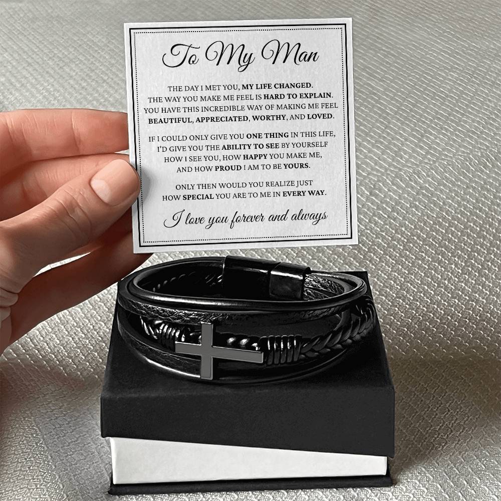 Men's Cross Bracelet - To My Man "The Day I Met You, My Life Changed"