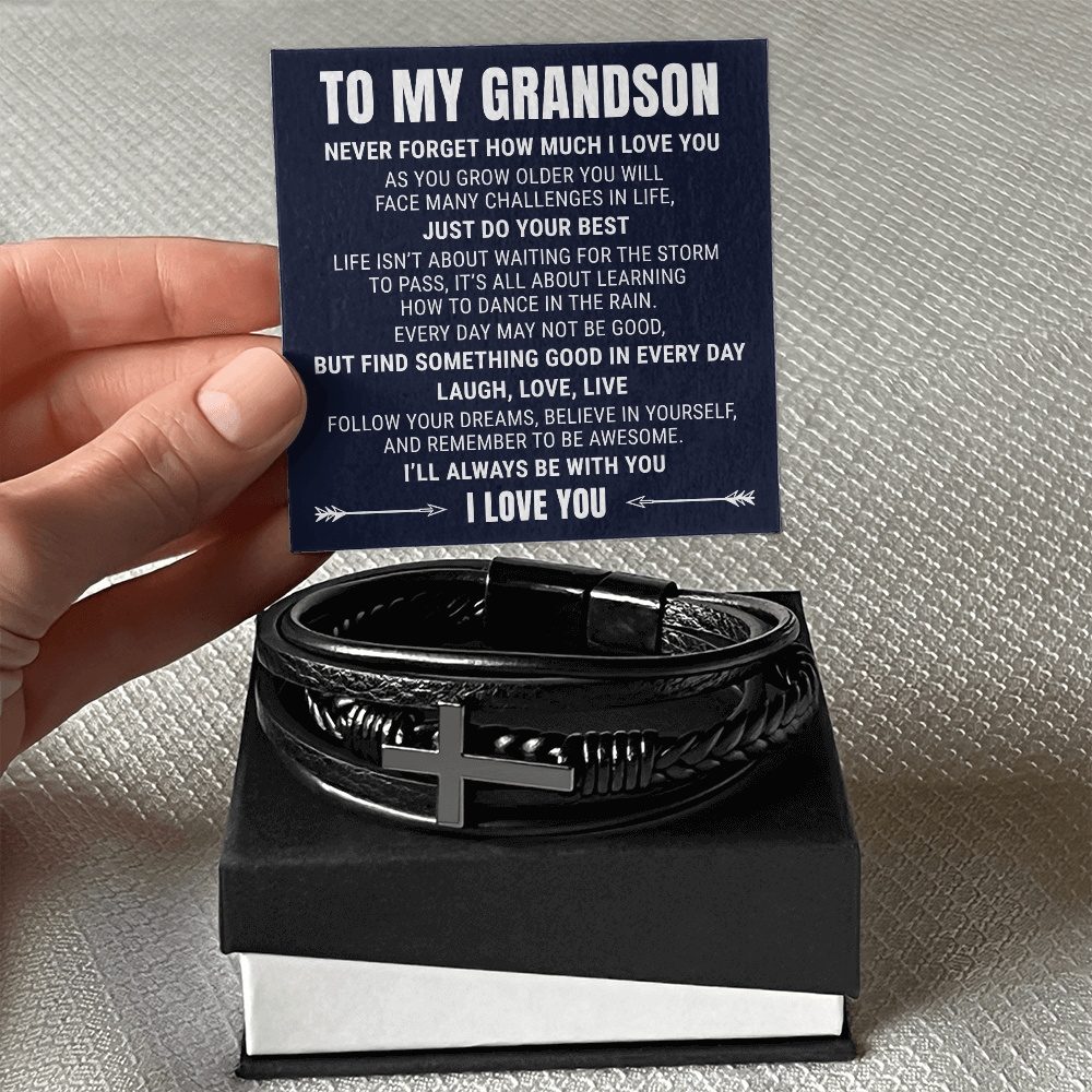 Men's Cross Bracelet - To My Grandson "Never Forget How Much I Love You"
