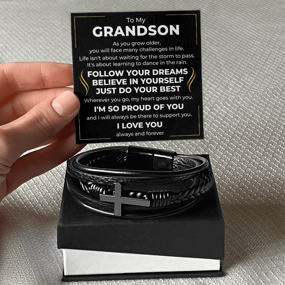 Men's Cross Bracelet - To My Grandson "Believe in Yourself"