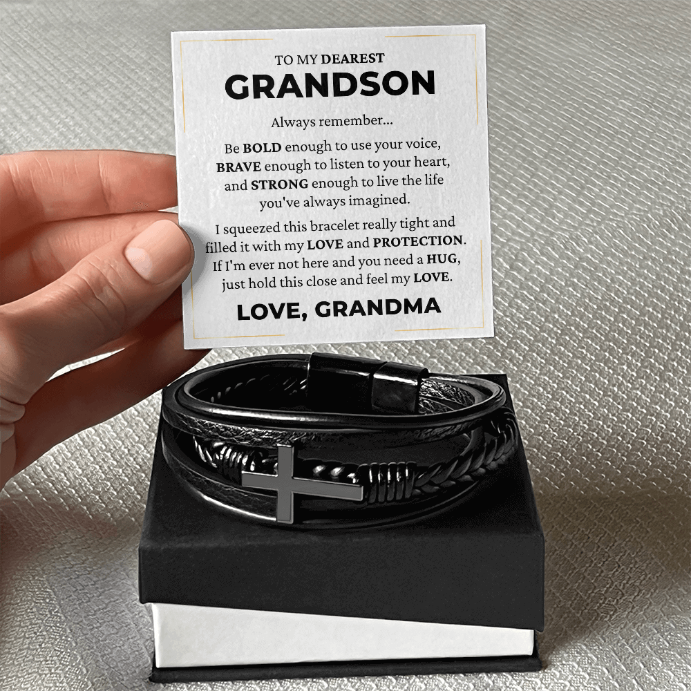 Men's Cross Bracelet - To My Dearest Grandson "Feel My Love"