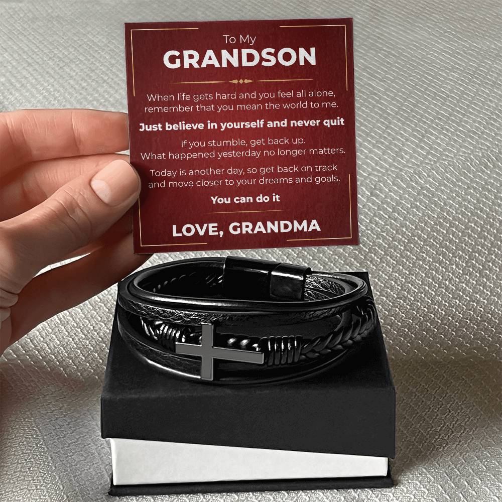 Men's Cross Bracelet - To My Grandson "Just Believe In Yourself and Never Quit"