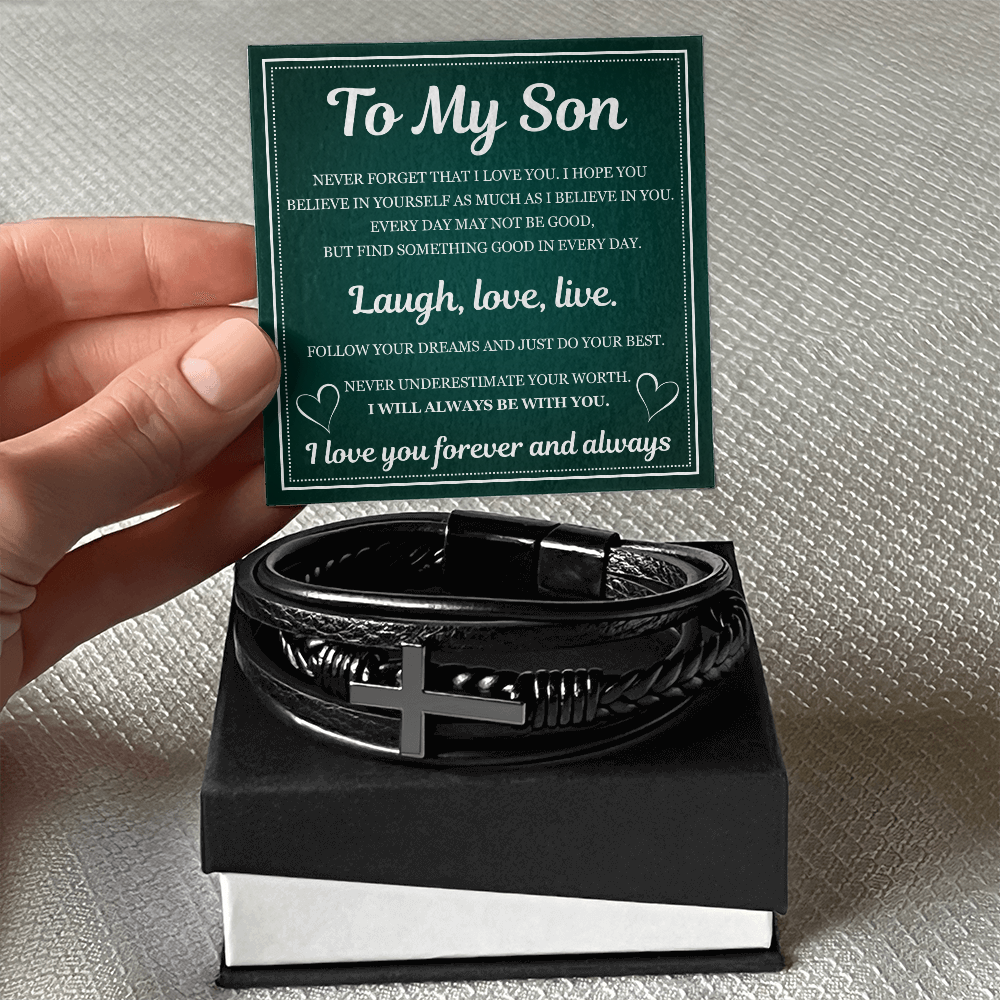 Men's Cross Bracelet - To My Son "Laugh, Love and Live"