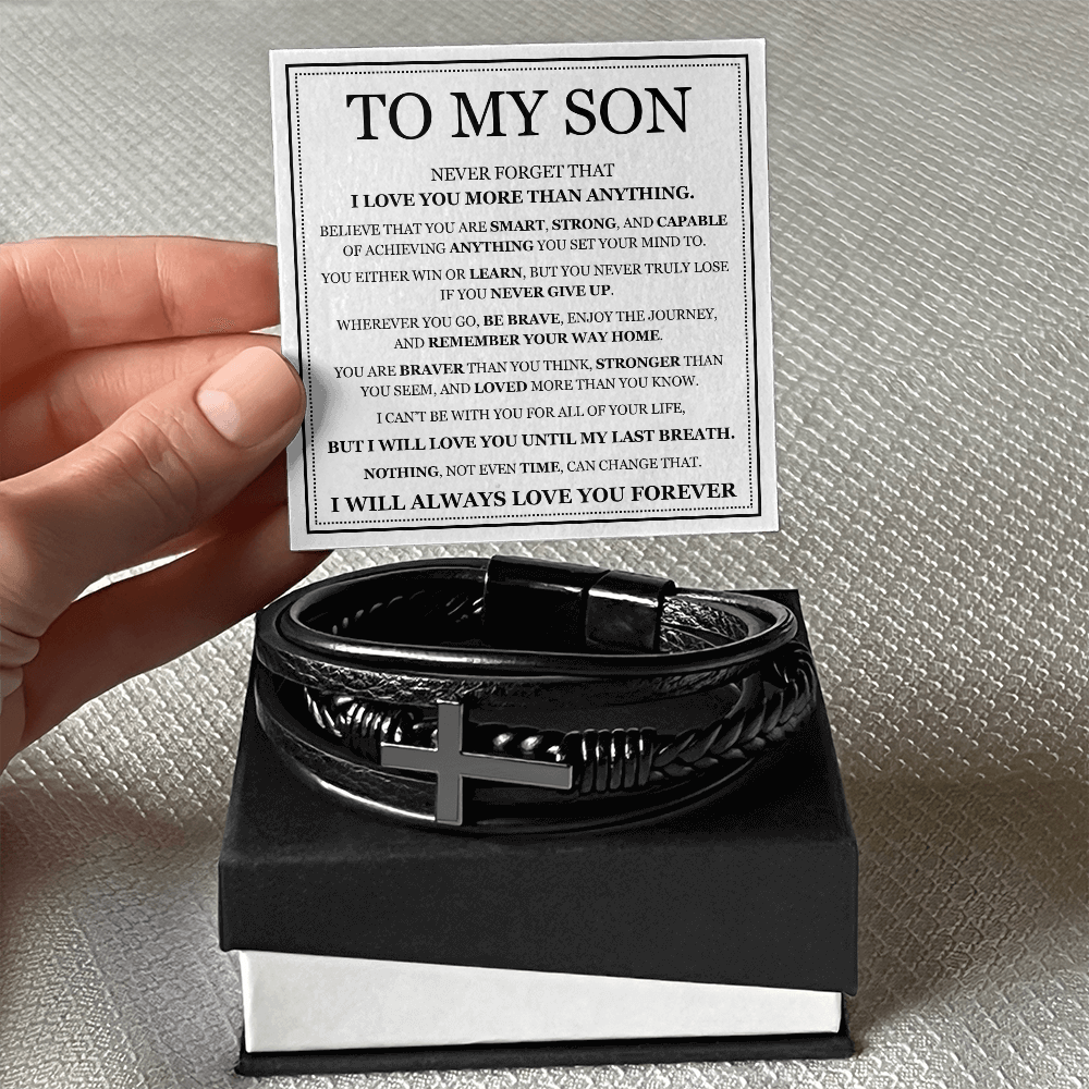 To My Son Men's Cross Bracelet -"I Love You More Than Anything"