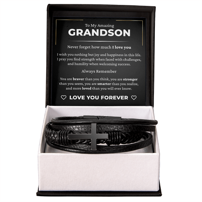 Men's Cross Bracelet - To My Grandson "Never Forget How Much I Love You"
