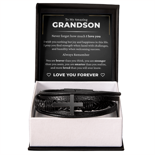 Men's Cross Bracelet - To My Grandson "Never Forget How Much I Love You"
