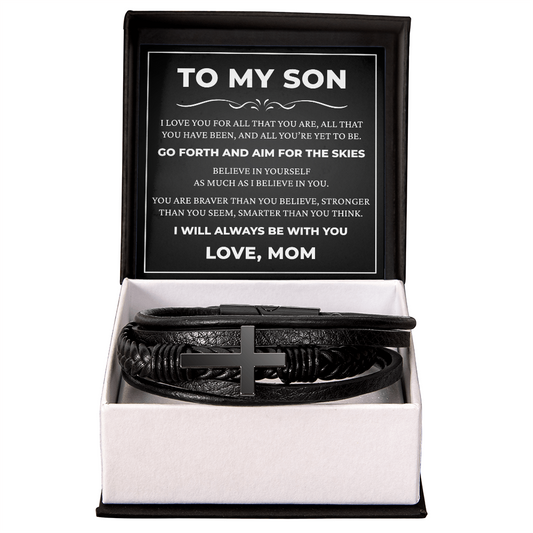 Men's Cross Bracelet - To My Son " Go Forth and Aim for the Skies"