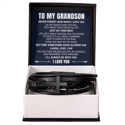 Men's Cross Bracelet - To My Grandson "Never Forget How Much I Love You"