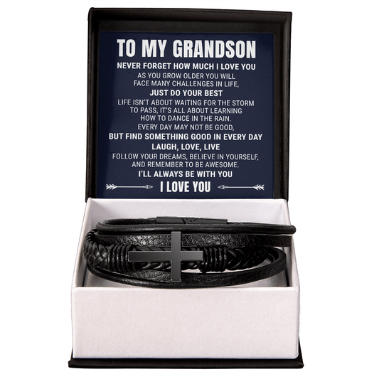 Men's Cross Bracelet - To My Grandson "Never Forget How Much I Love You"
