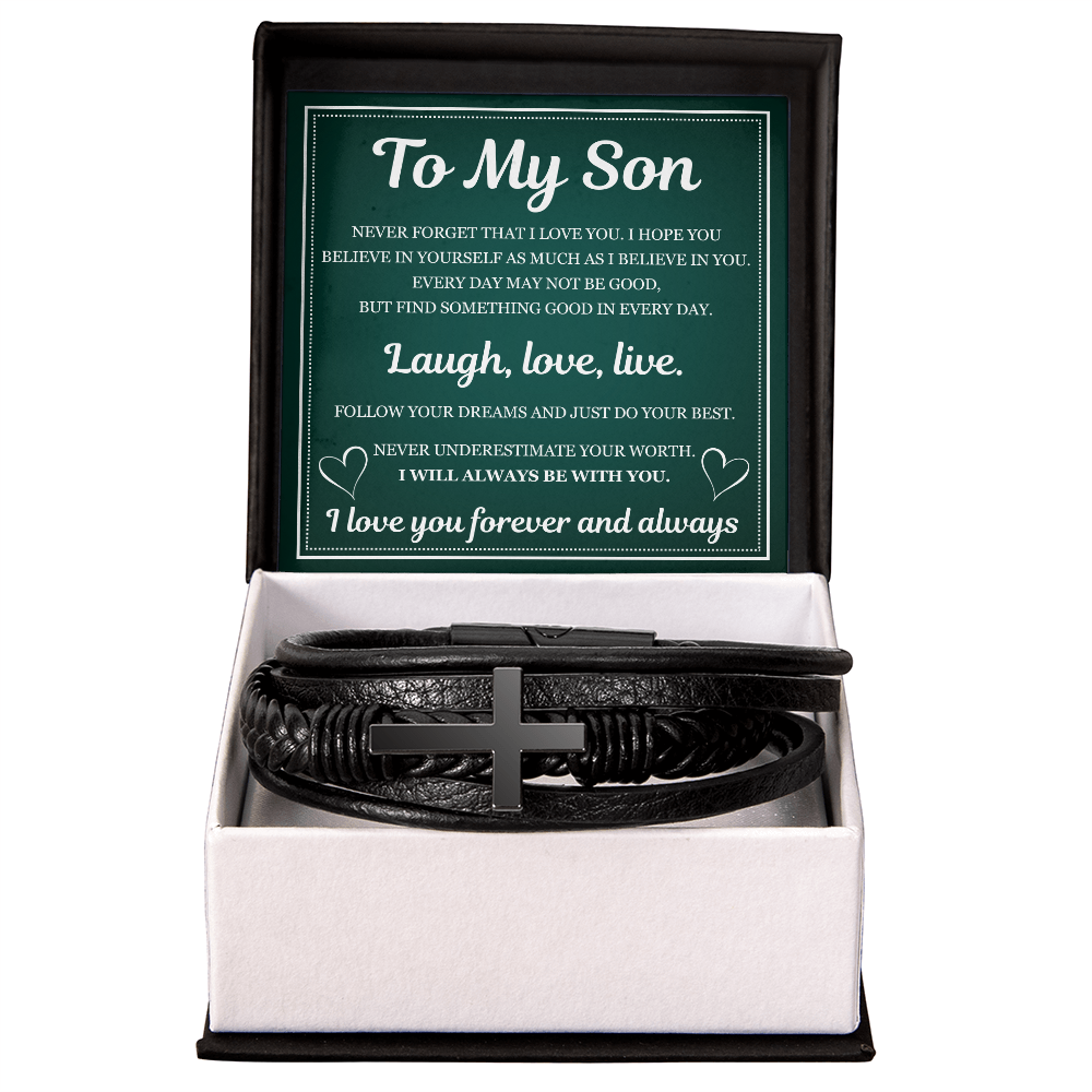 Men's Cross Bracelet - To My Son "Laugh, Love and Live"