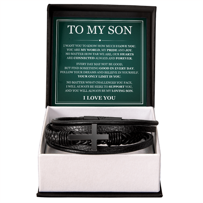 To My Son Men's Cross Bracelet - "You Are My World"