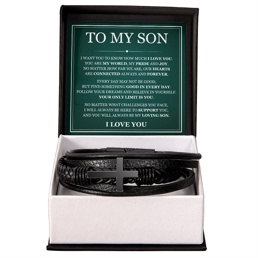 To My Son Men's Cross Bracelet - "You Are My World"
