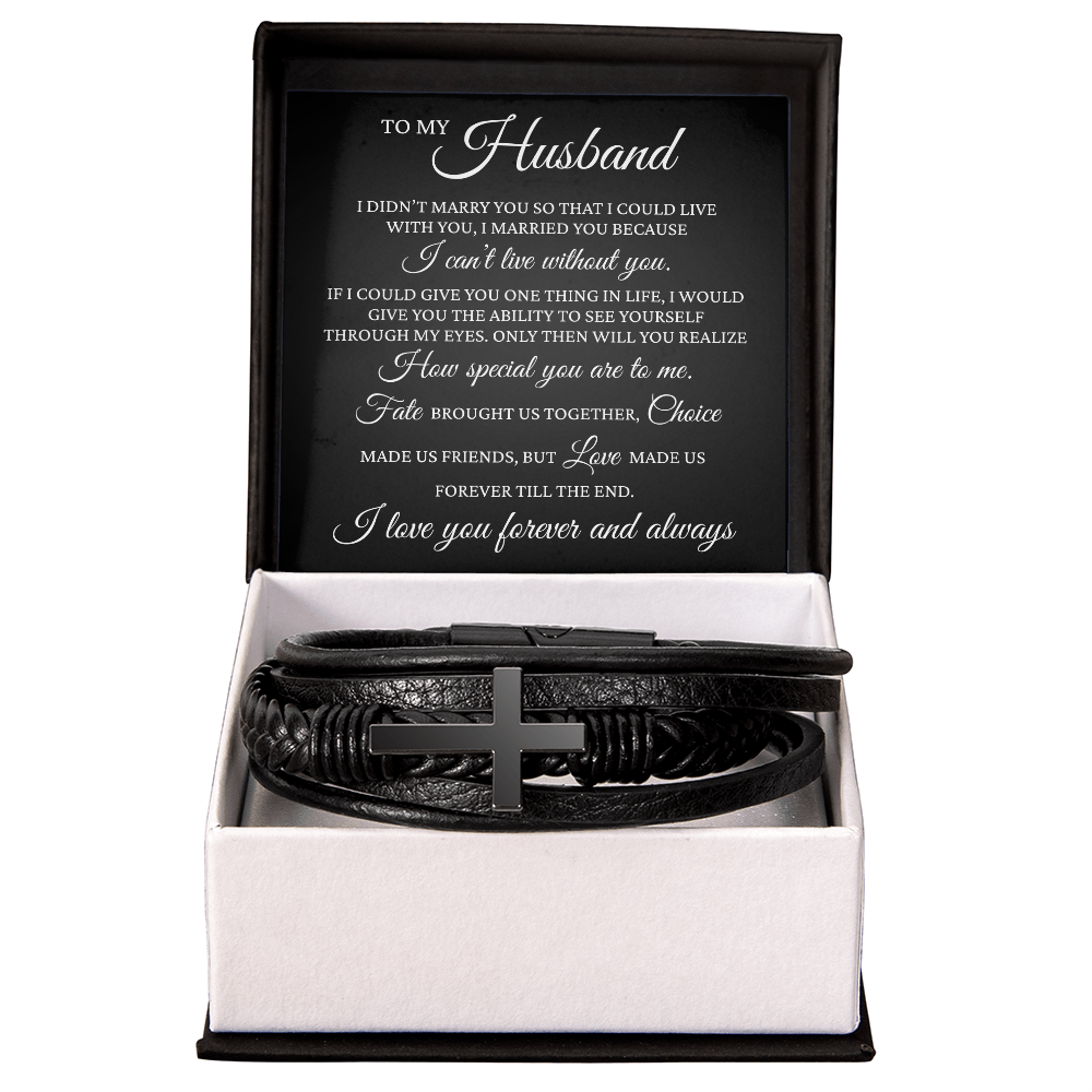 Men's Cross Bracelet - To My Husband "I cant' Live Without You"