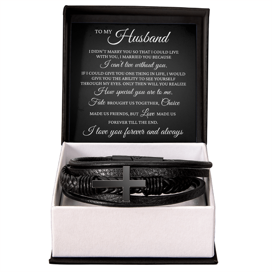 Men's Cross Bracelet - To My Husband "I Cant' Live Without You"