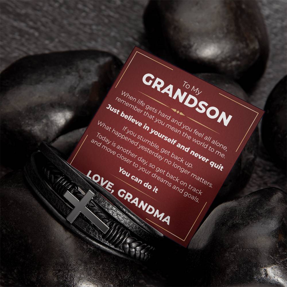 Men's Cross Bracelet - To My Grandson "Just Believe In Yourself and Never Quit"