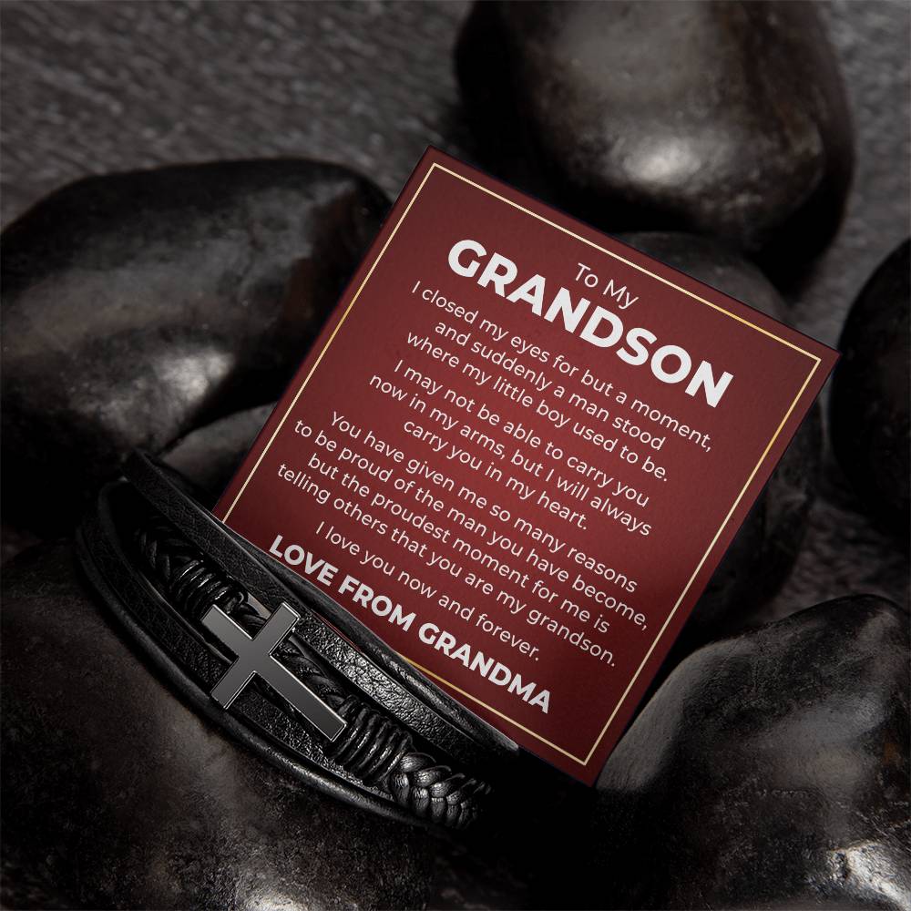 Men's Cross Bracelet - To My Grandson "I Love You Now and Forever"