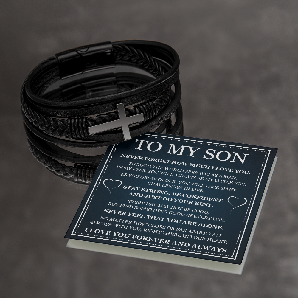 To My Son Men's Cross Bracelet - "Stay Strong, Be Confident"