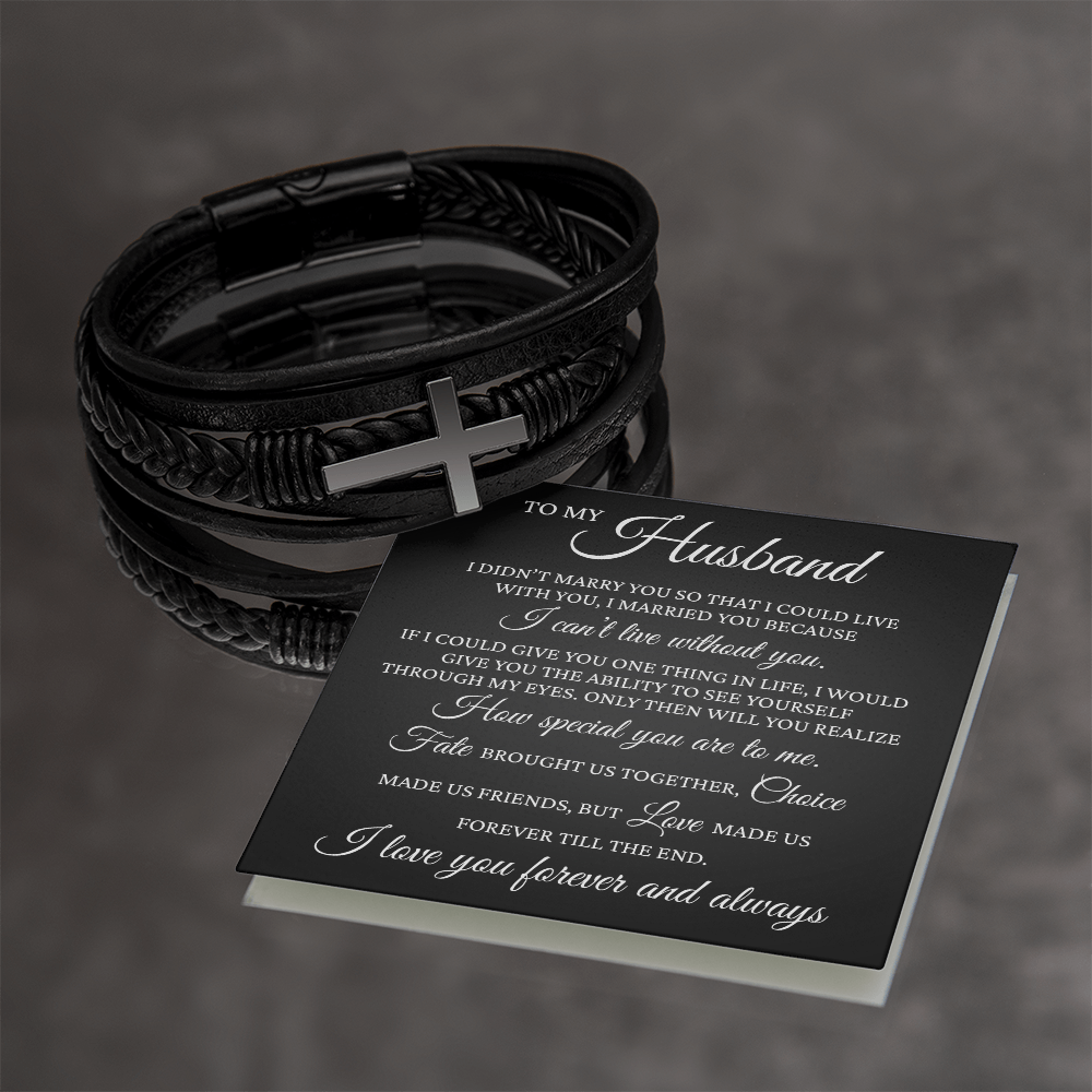 Men's Cross Bracelet - To My Husband "I cant' Live Without You"