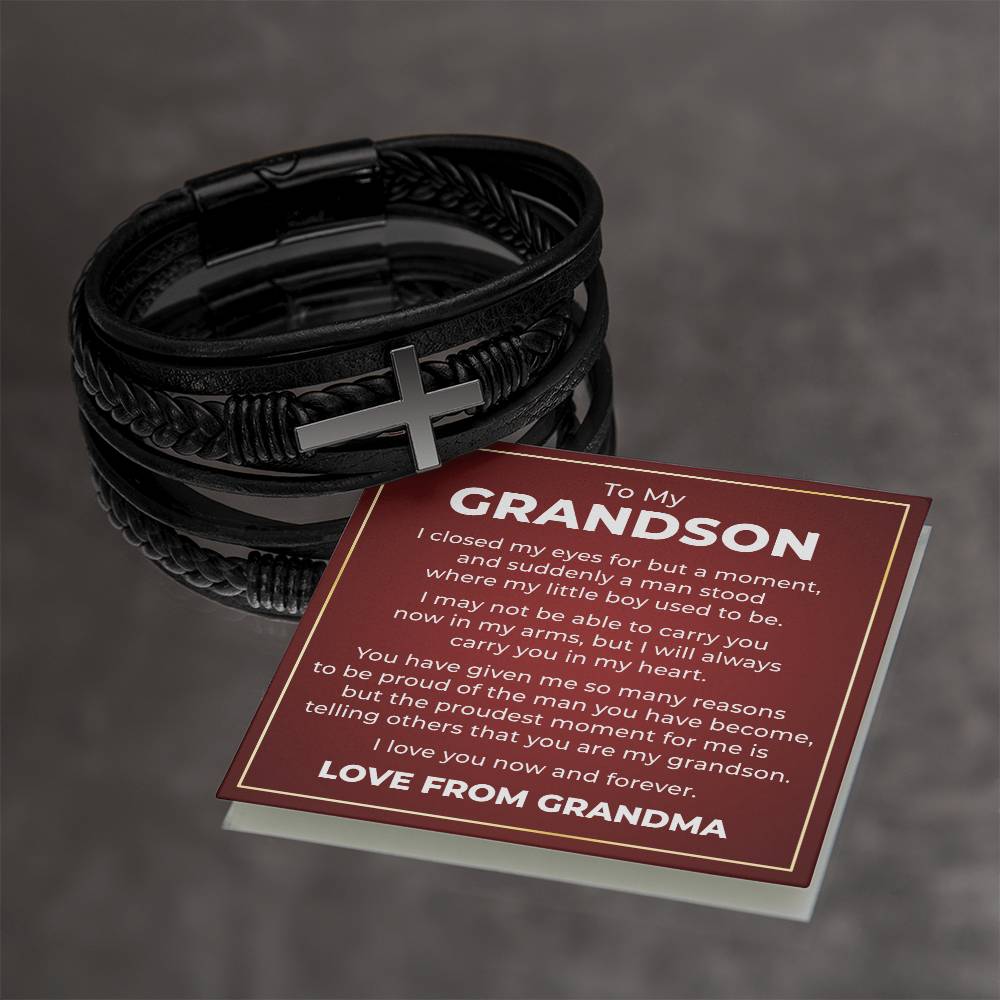 Men's Cross Bracelet - To My Grandson "I Love You Now and Forever"