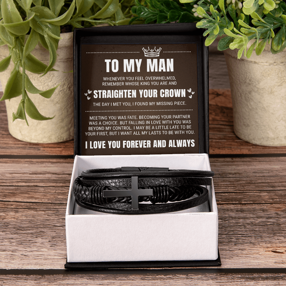 Men's Cross Bracelet - To My Man "Straighten Your Crown"
