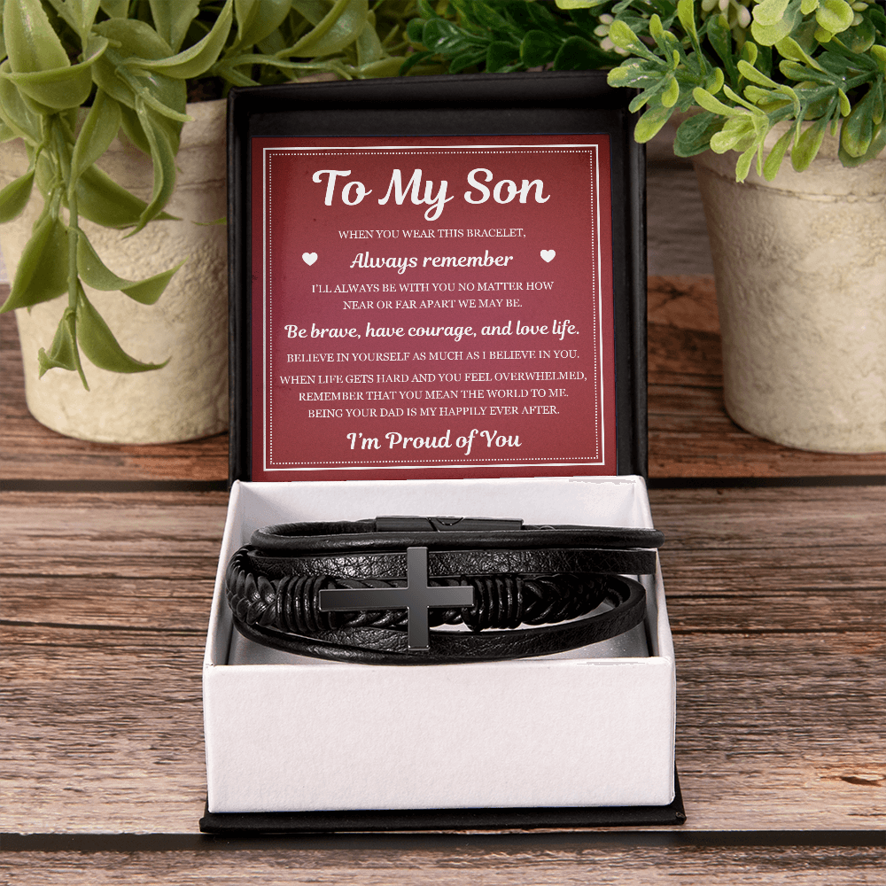 To My Son Men's Cross Bracelet -"I'm Proud of You"