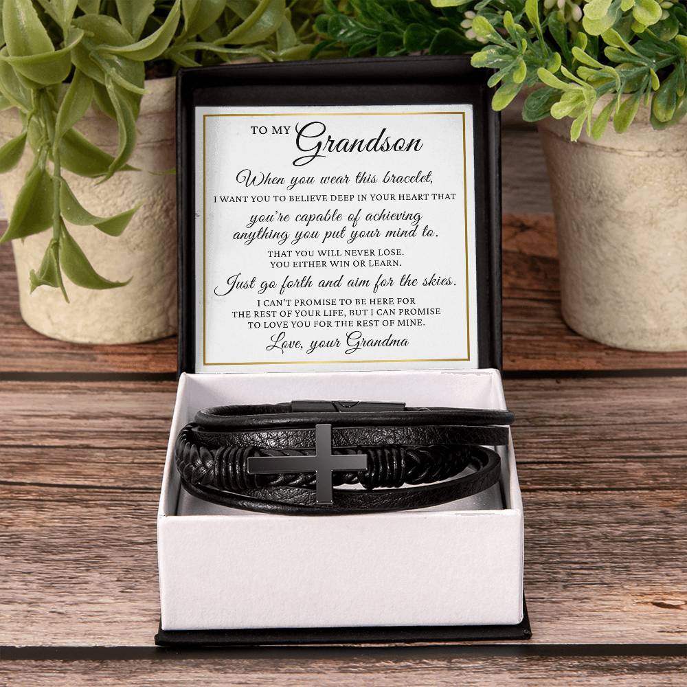 Men's Cross Bracelet - To My Grandson "Just Go Forth and Aim for The Skies"