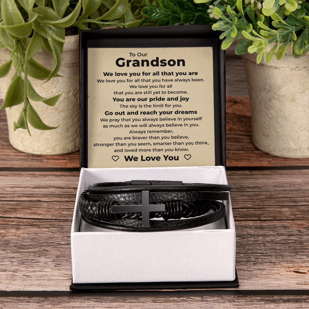 Men's Cross Bracelet - To Our Grandson "We Love You"